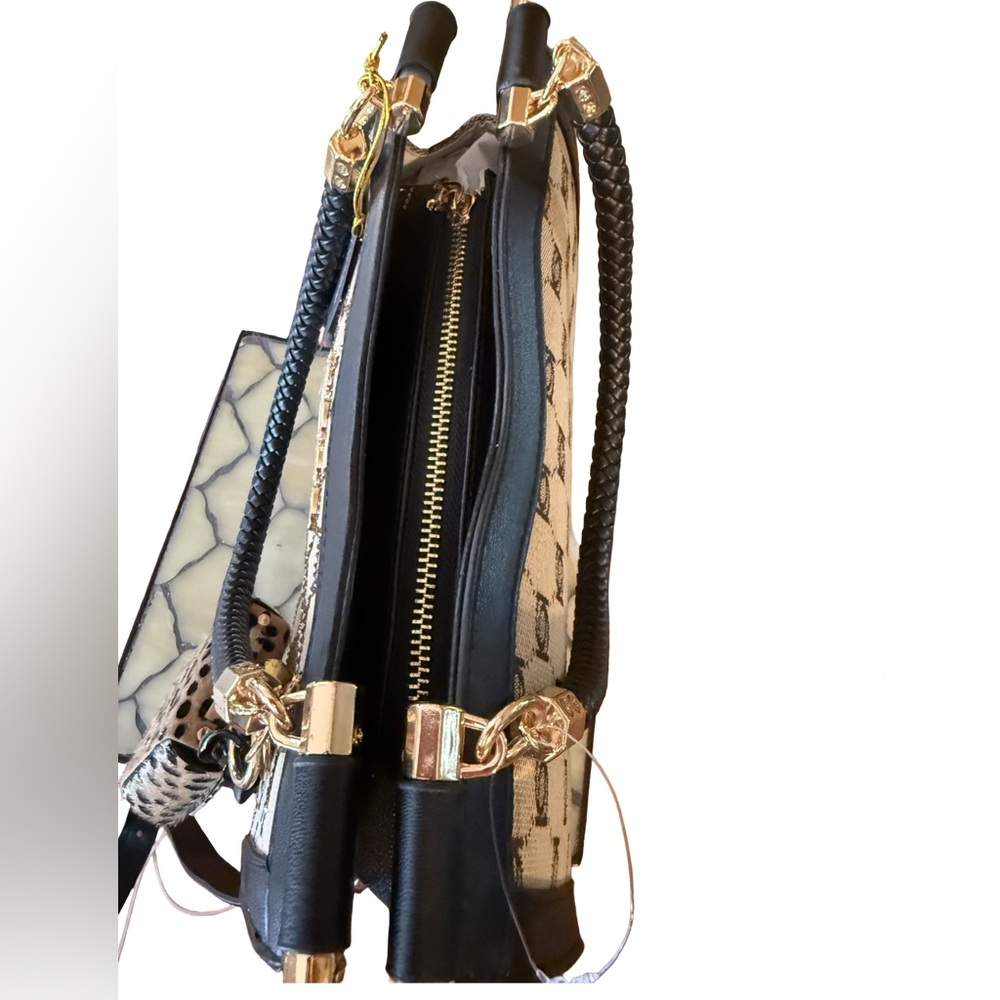 Bebe NWT Black Brown Rhinestone Studs Shoulder Satchel Bag & Leopard Bag Charm - Picture 6 of 12